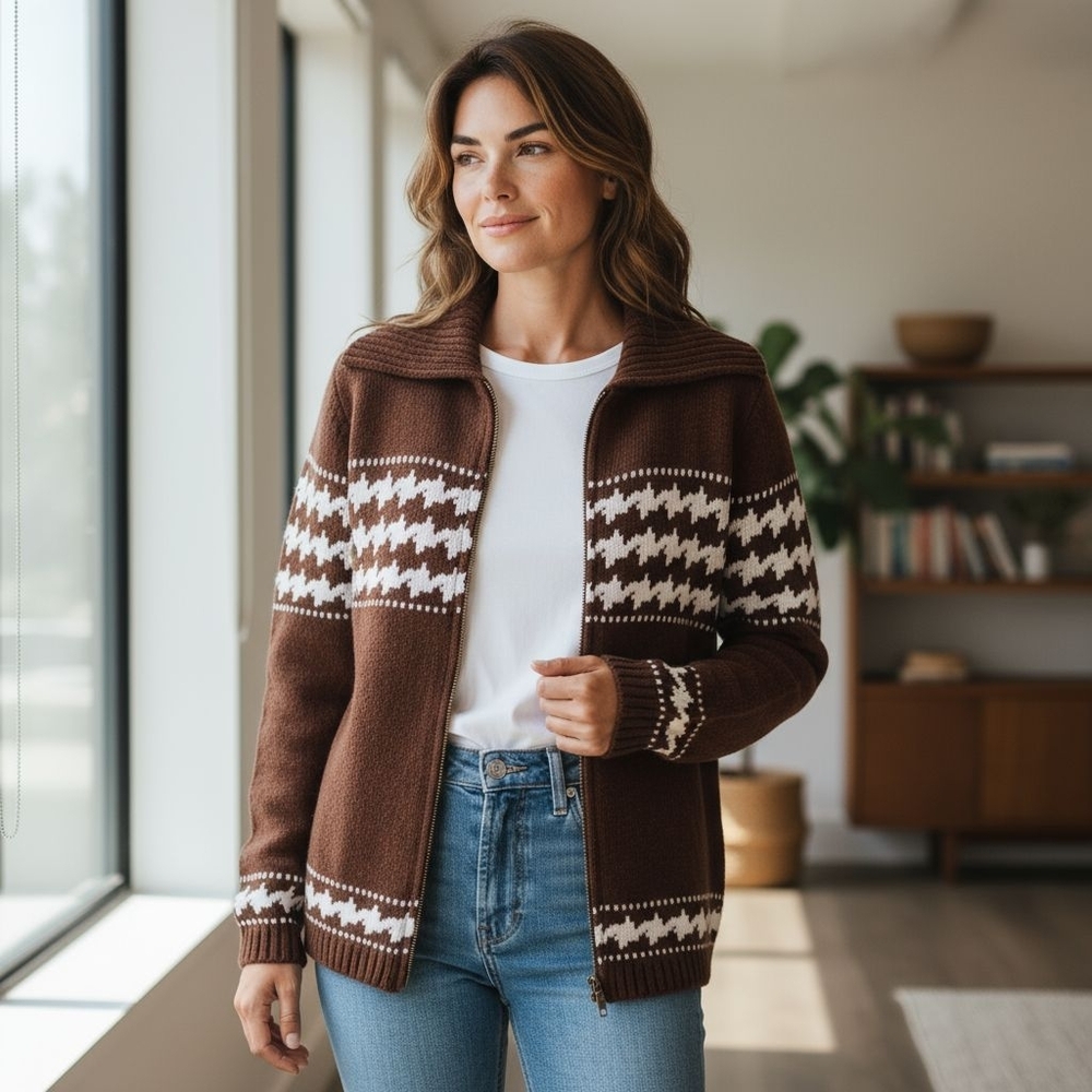 White Stag Brown and White Women's Cardigan Zipper Front Medium
